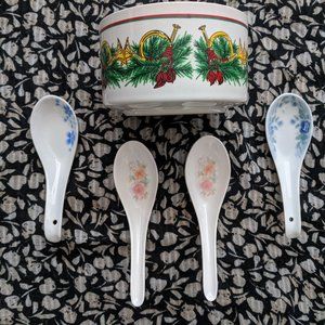 Vintage CMC Korea Christmas Trumpet Ramekin Baking Dish Bowl + 4 FREE Spoons